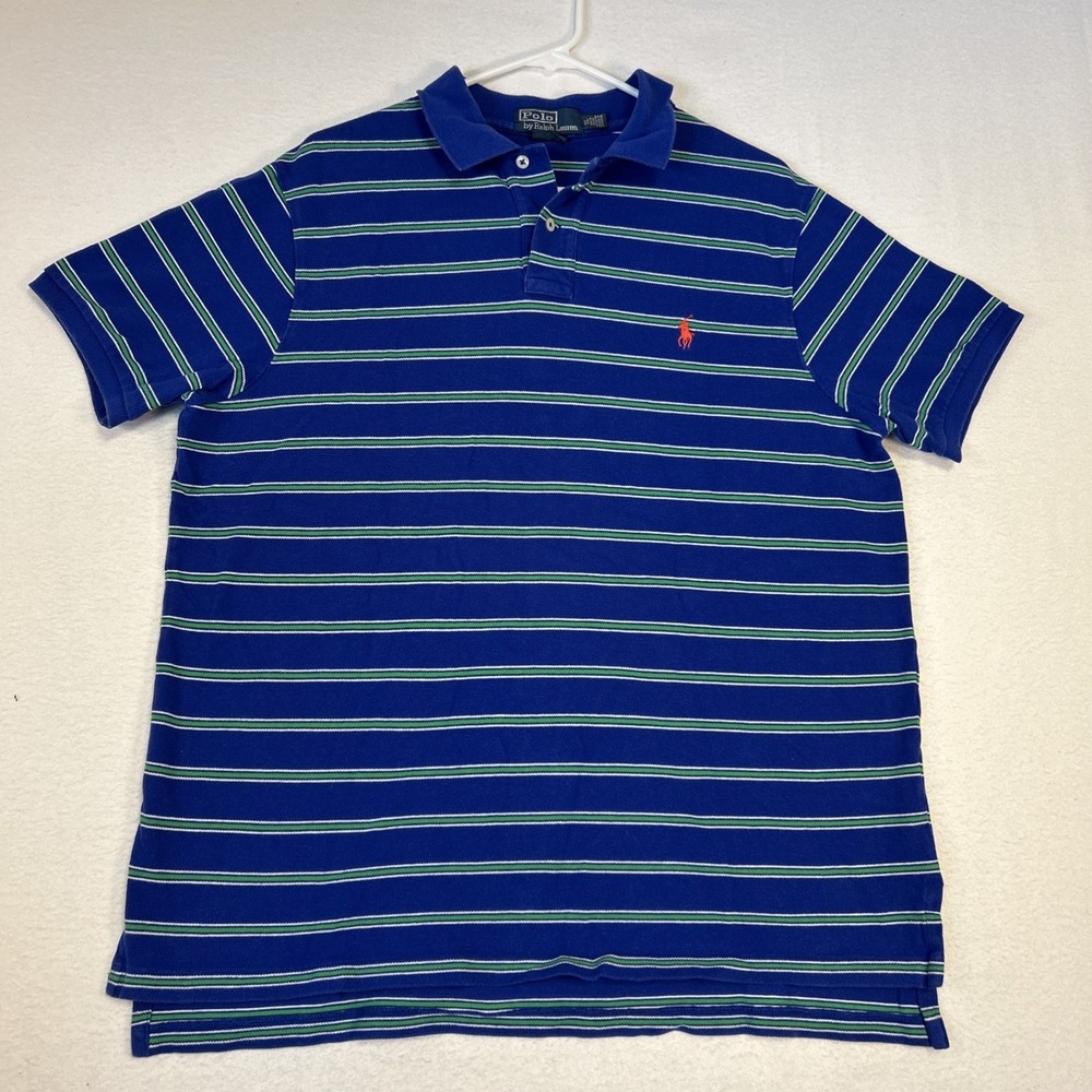 Polo Ralph Lauren Mens XL Blue Stripe Golf Short Sleeve Custom Fit Polo Shirt